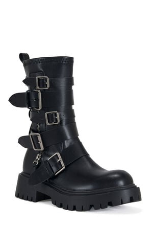 Women's Spridy Black Buckled Combat Boots image number 2