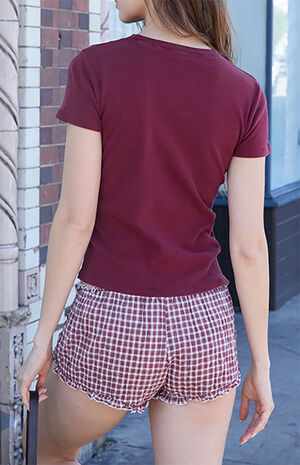 Burgundy Gingham Keira Ruffle Pajama Shorts image number 4