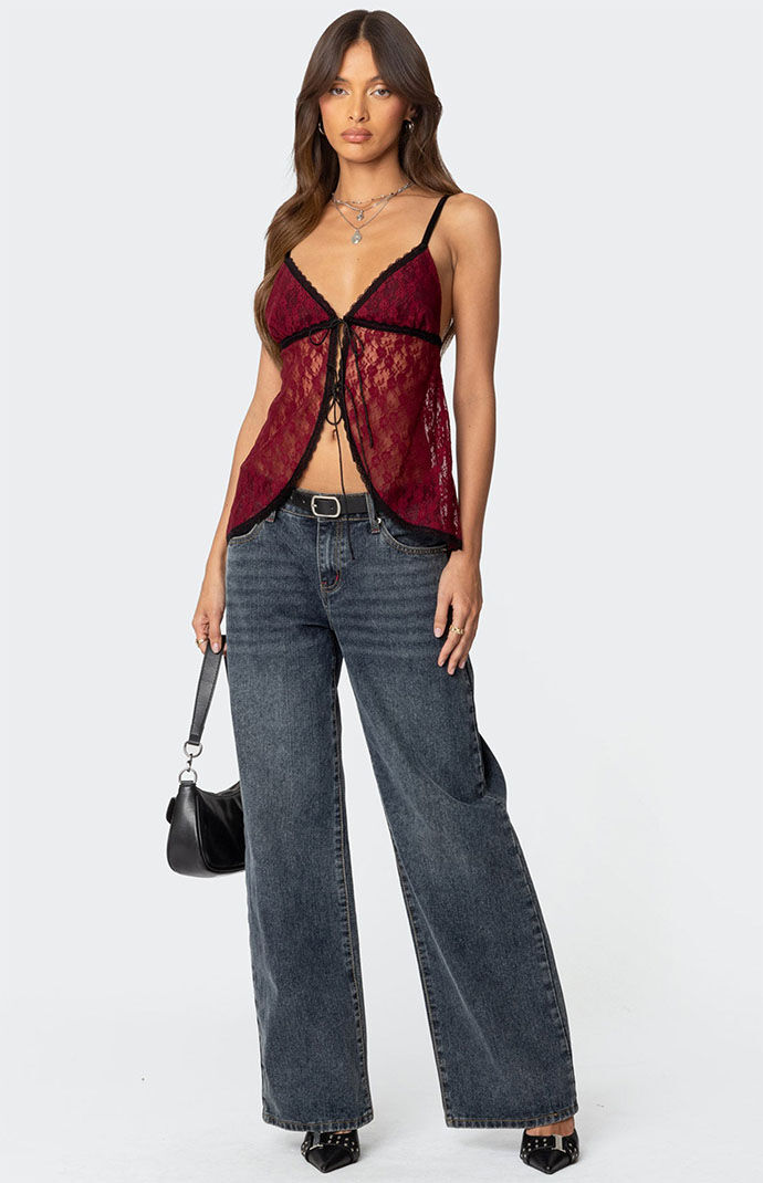 【MODIMOOD】PUFF LACE TOP Edikted Maude Tie Front Sheer Lace Top | PacSun