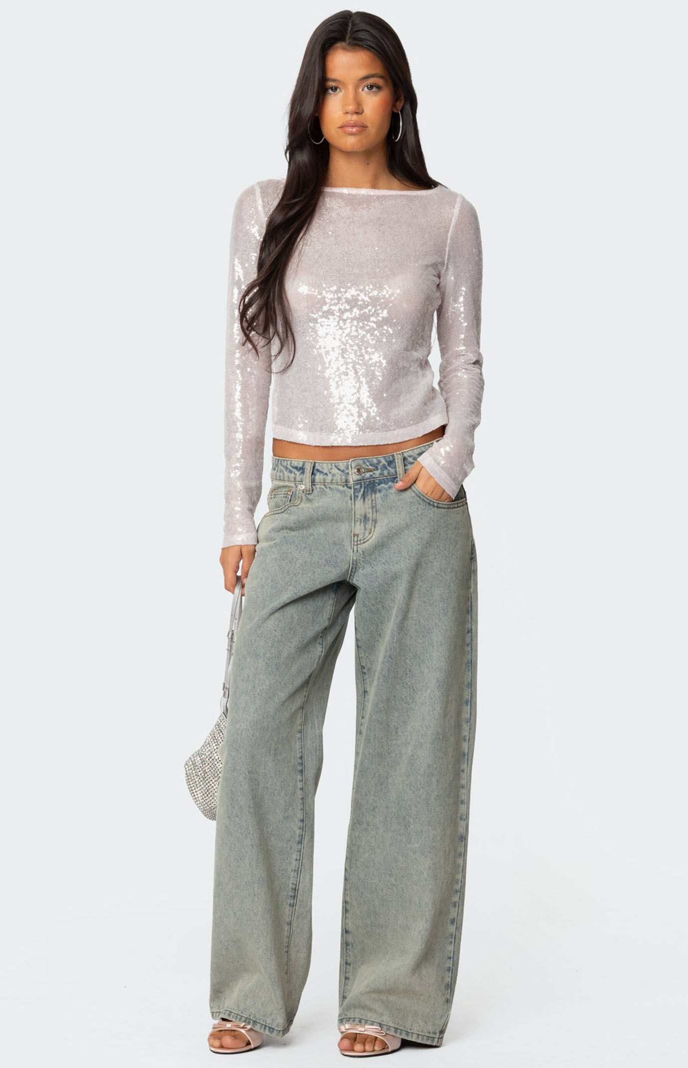 【mnem】25SS★ [mnem] flicker boat neck sheer top Edikted Sheer Sequin Boat Neck Top | PacSun