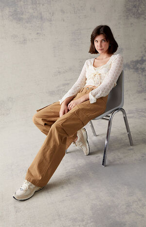 Brown Linen Straight Leg Cargo Pants image number 2