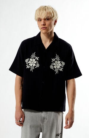 Black Floral Embroidered Oversized Resort Camp Shirt