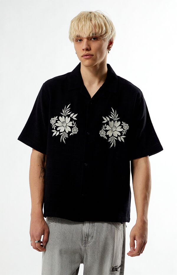 Pacsun Black Floral Embroidered Oversized Resort Camp Shirt