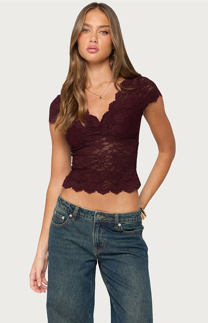 Edikted Elza Scalloped Sheer Lace Top | Pacsun