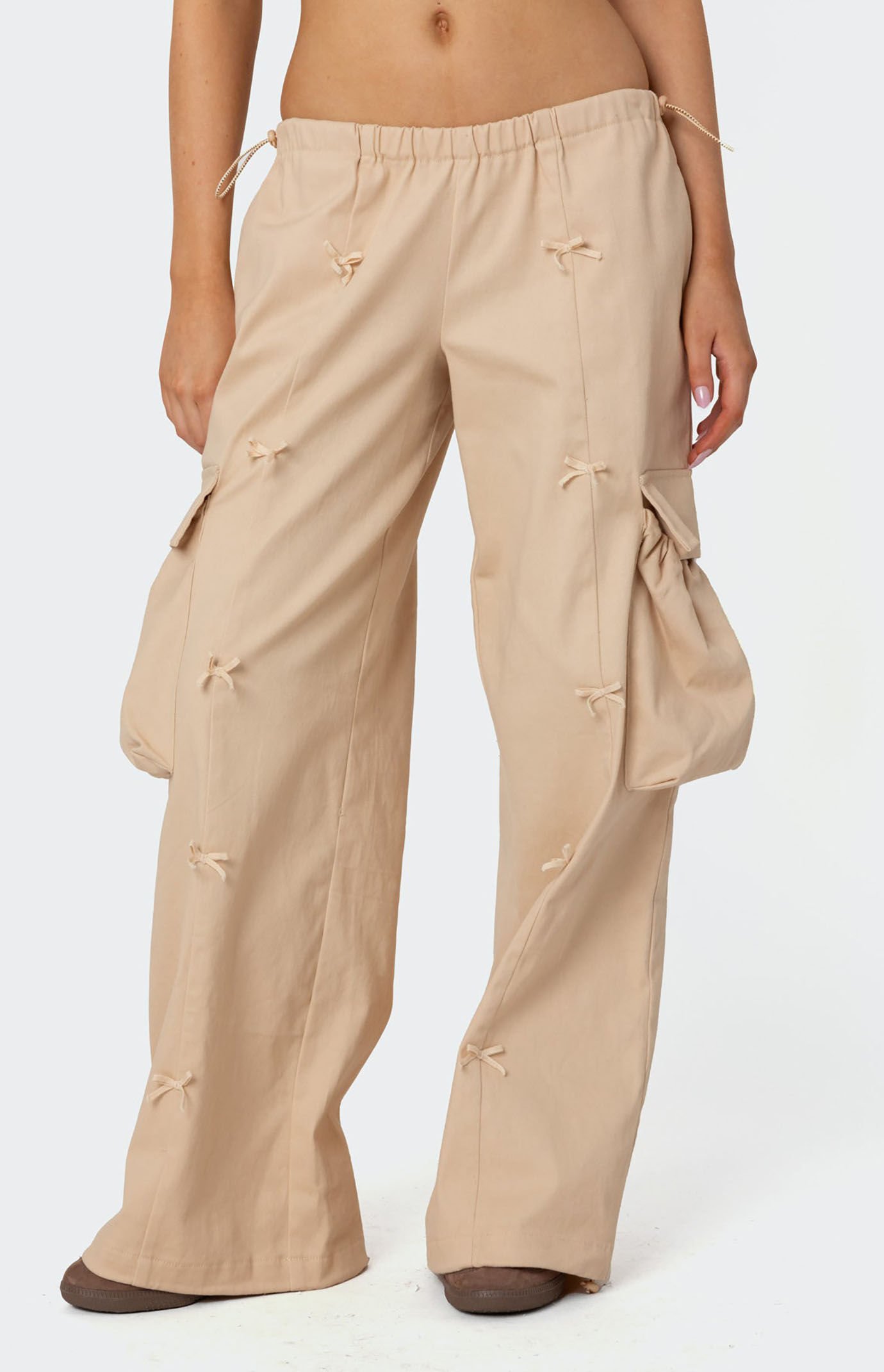 Edikted Bow Trim Cargo Parachute Pants - Beige - Large