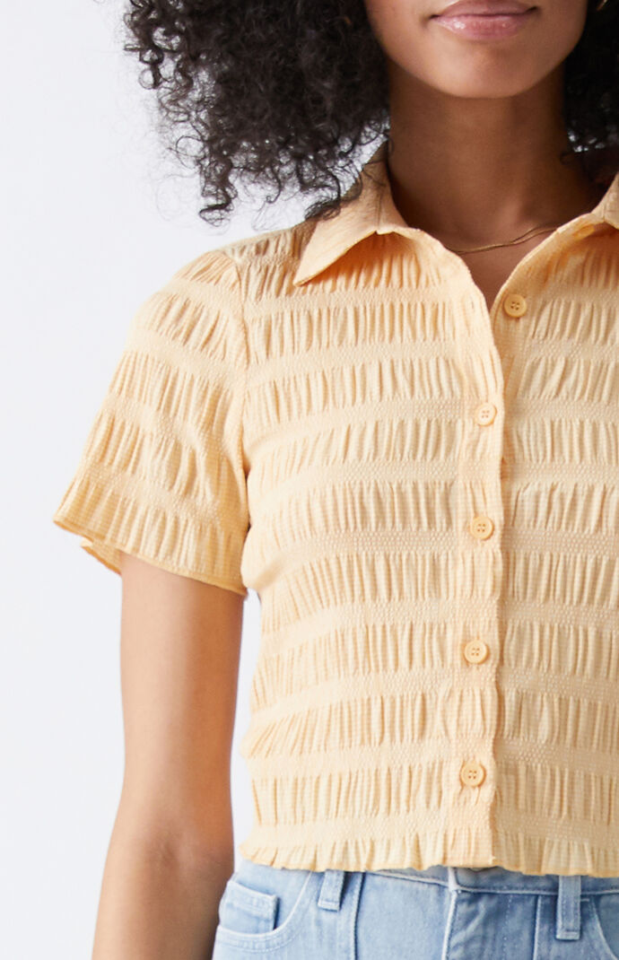 Shirred Smocked Button Down Shirt