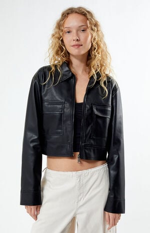 Faux Leather Cropped Cargo Jacket image number 1