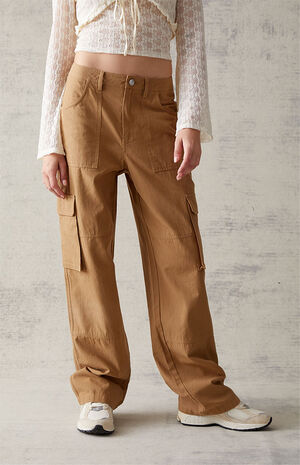 Brown Linen Straight Leg Cargo Pants image number 1