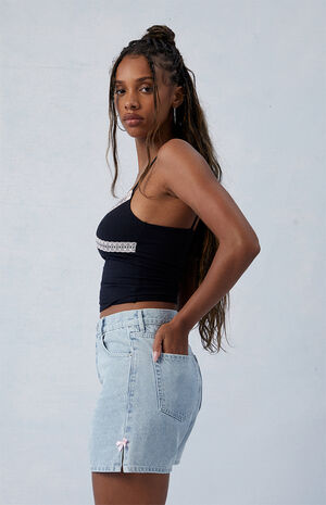 Light Indigo Bow High Waisted Relaxed Jorts image number 3