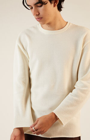 Cream Solid Raw Hem Waffle Knit Long Sleeve T-Shirt image number 2