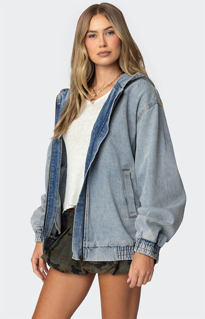 Edikted Hooded Vintage Washed Denim Bomber Jacket PacSun