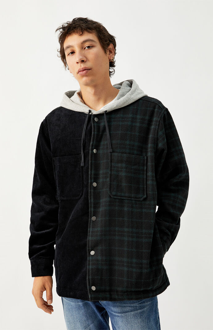 Cord & Plaid Split Hooded Shacket