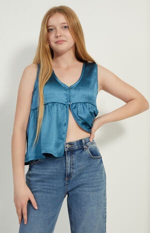 Slate Blue Satin Button Front Tank Top