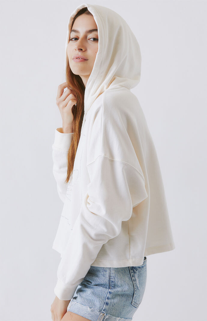 Off White Rhinestone Cropped Hoodie