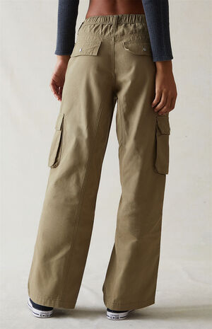 Olive Drawstring Waist Baggy Cargo Pants image number 4
