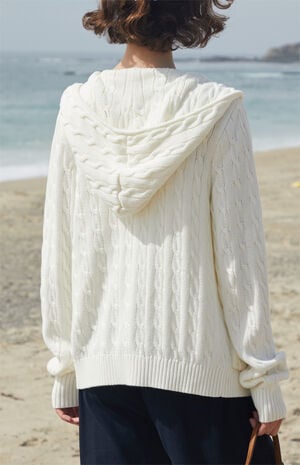 White Cable Knit Zip Up Hooded Sweater image number 3