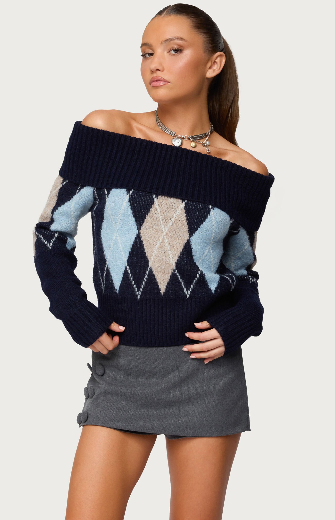 Edikted Jakarie Argyle Foldover Sweater