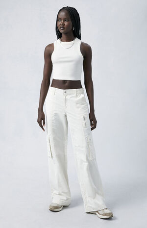 Cream Low Rise Cargo Puddle Pants image number 1