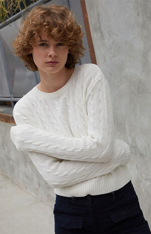 White Cable Knit Cropped Sweater image number 1