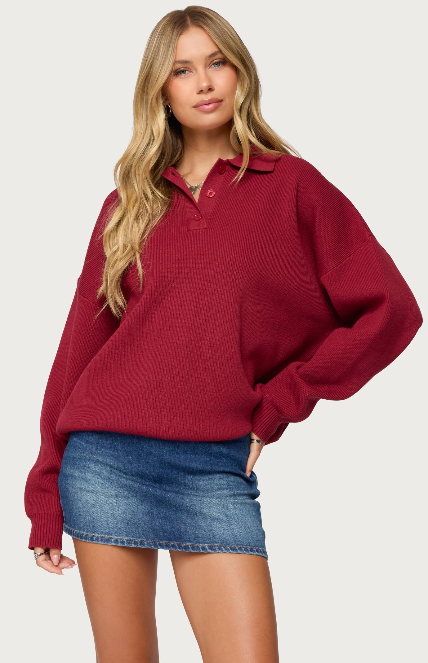 Edikted Lorie Oversized Knit Polo Sweater