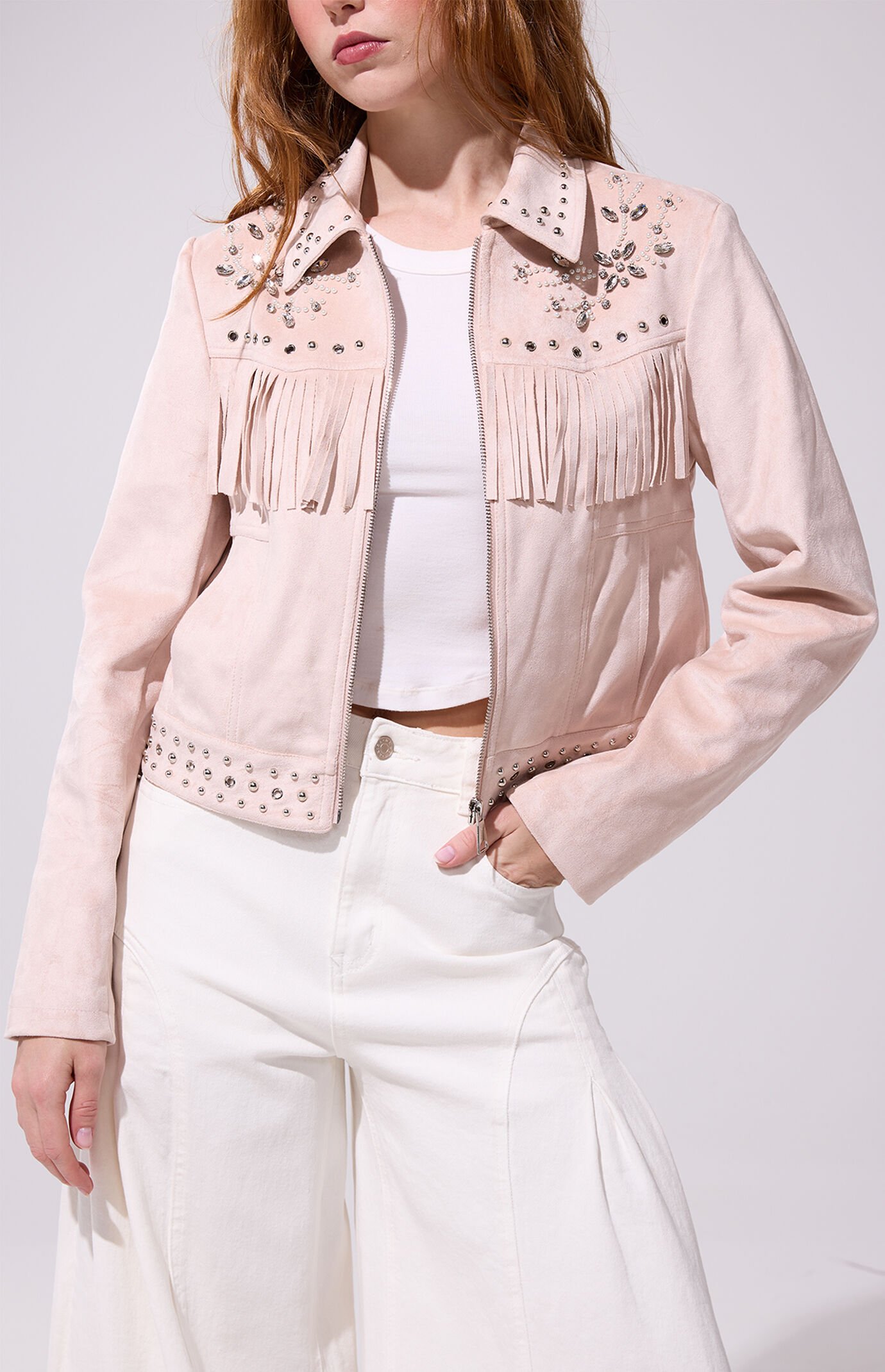 AZALEA WANG Finlee Blush Fringe Faux Suede Jacket