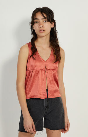 Peach Satin Button Front Tank Top image number 1