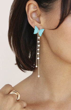 Turquoise Butterfly Pearl Chain Dangle Earrings image number 4