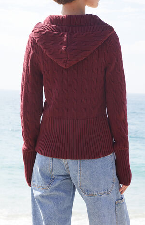 Burgundy Cable Knit Button Down Hooded Sweater image number 4