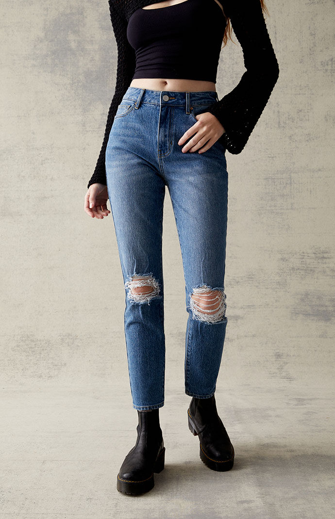 PacSun Eco Dark Blue Stretch Ripped Mom Jeans PacSun