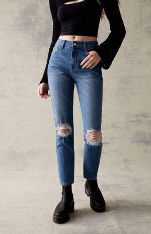 Eco Dark Blue Stretch Ripped Mom Jeans image number 2