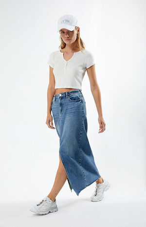 Medium Indigo Low Rise Denim Maxi Skirt image number 1