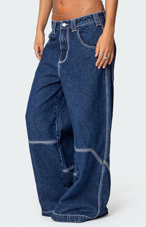 Super Wide Contrast Stitch Low Rise Jeans image number 4