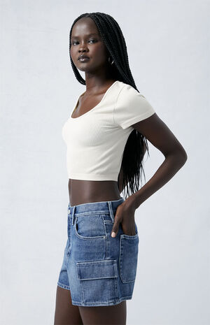 Medium Indigo High Waisted Girlfriend Cargo Shorts image number 3