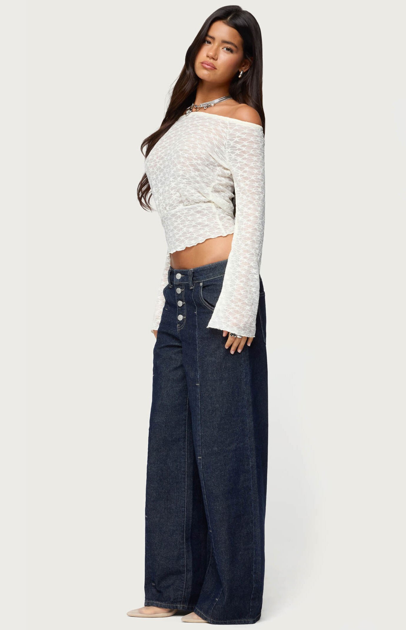 Edikted Alef Sheer Lace Off Shoulder Top