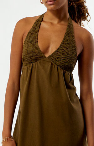 Smocked Halter Linen Mini Dress image number 3