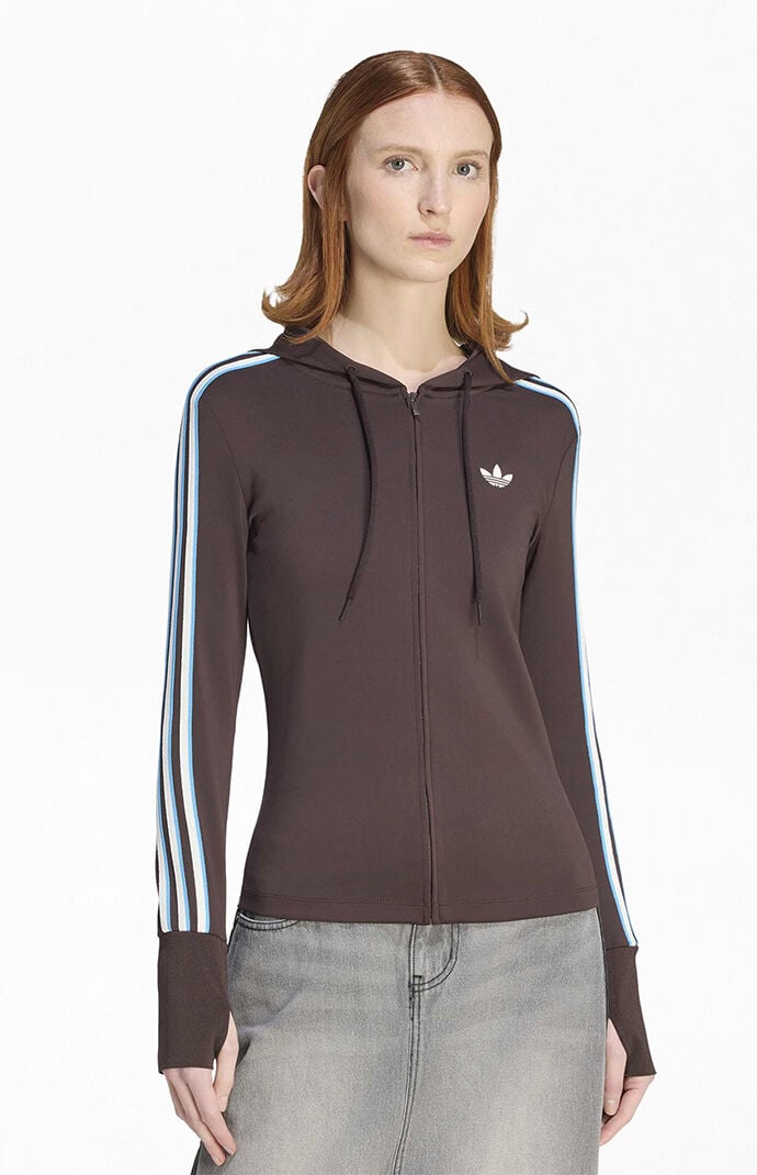 adidas Brown Trefoil 3-Stripe Zip Up Hoodie