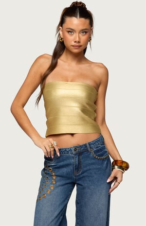 Cecilea Metallic Knit Bandage Tube Top image number 1