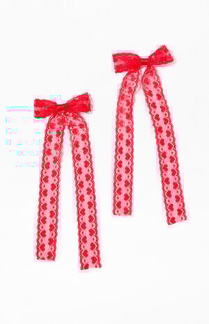 2 Pack Red Heart Bow Lace Hair Clips image number 1