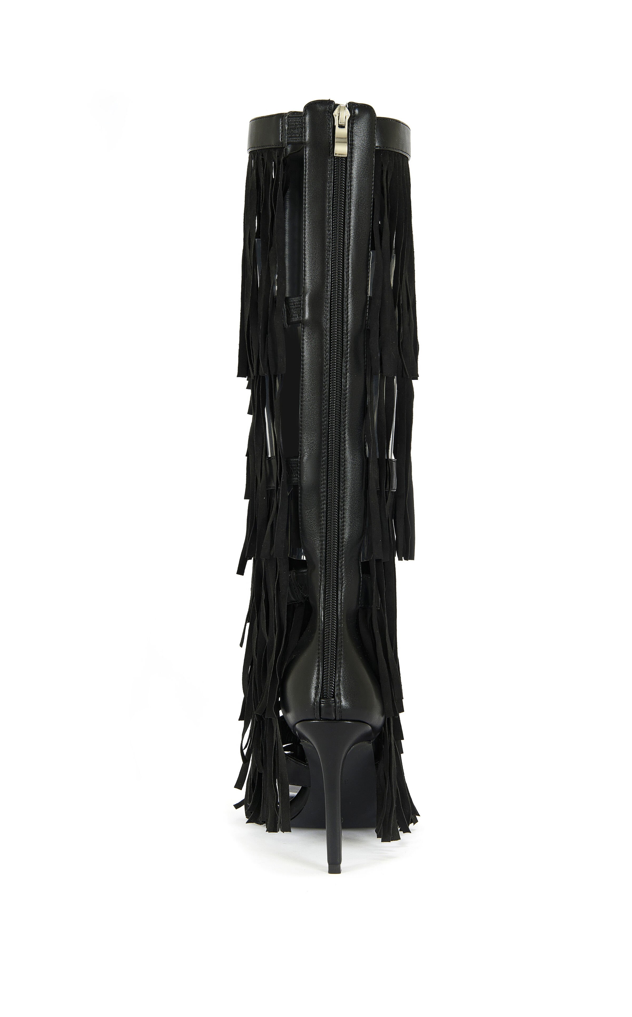 AZALEA WANG Women's Amadeo Black Fringe Gladiator Sandal Boots