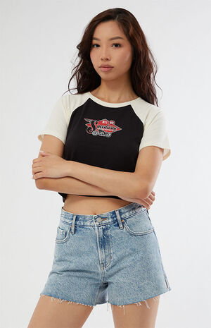 Eco Medium Blue High Waisted Vintage Cutoff Denim Shorts image number 1