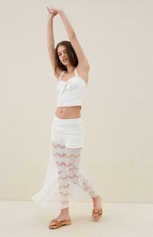 Sheer Asymmetrical Lace Midi Skirt image number 1