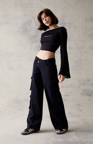 Black Asymmetrical '90s Baggy Cargo Jeans image number 2