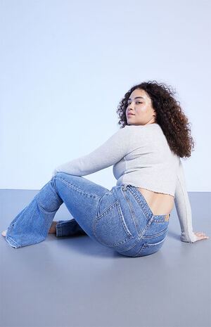 Medium Blue Curve High Waisted Flare Jeans image number 6