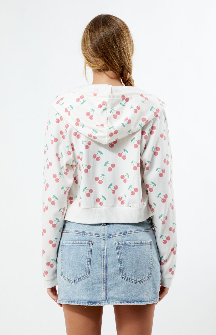 Cherry Print Full Zip Cropped Hoodie