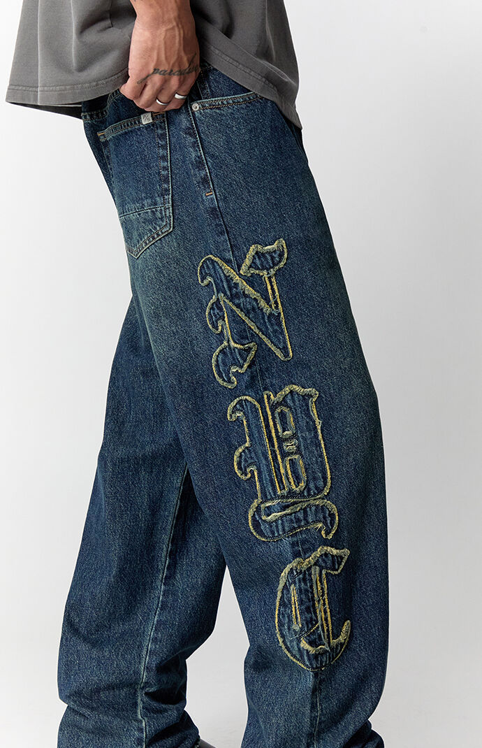 Pacsun Dylan Baggy Jeans Frayed NYC Applique Dark Blue | Pacsun