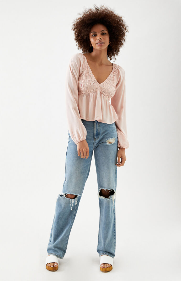 Long Sleeve V-Neck Smocked Babydoll Top