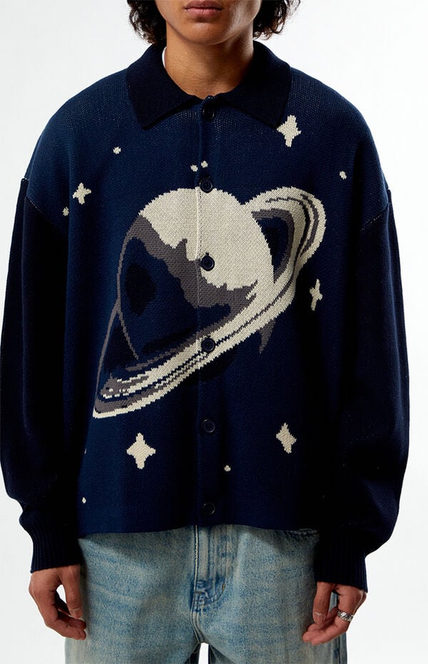 Pacsun Navy Space Button-Up Polo Cardigan