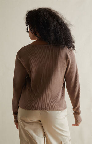 Waffle Knit Notched Neck Long Sleeve Top image number 8