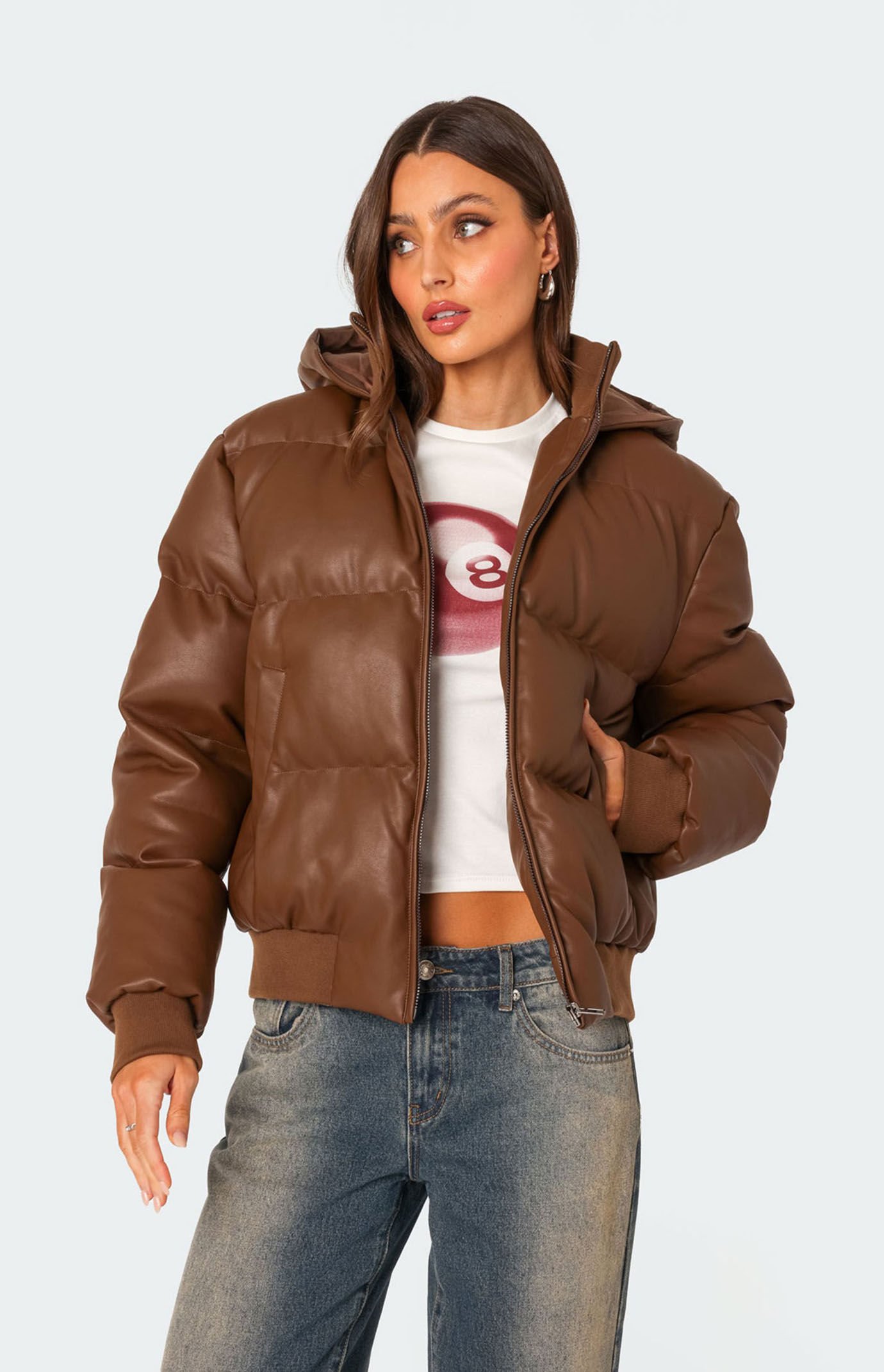 Wintry Faux Leather Hooded Puffer Jacket