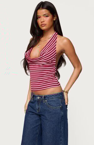 Striped Cowl Neck Halter Top image number 2